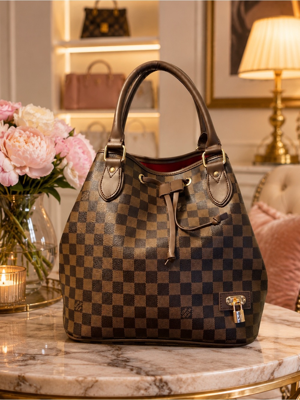 Checkerboard Brown Leather Drawstring Tote with Gold Hardware
